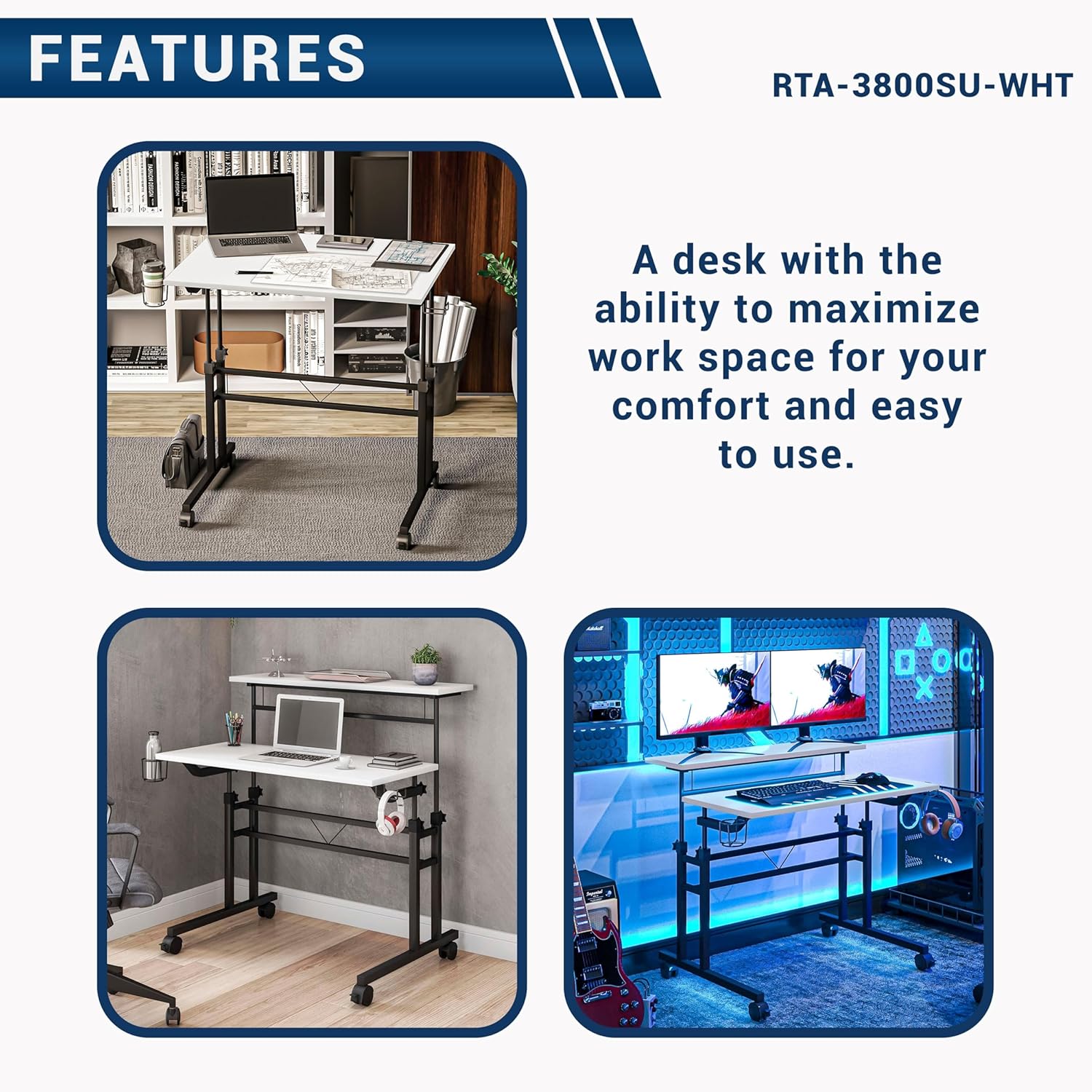 Techni Mobili Rolling Writing Desk with Height Adjustable Desktop and Moveable Shelf – CD-3800SU-WHT - Image 3