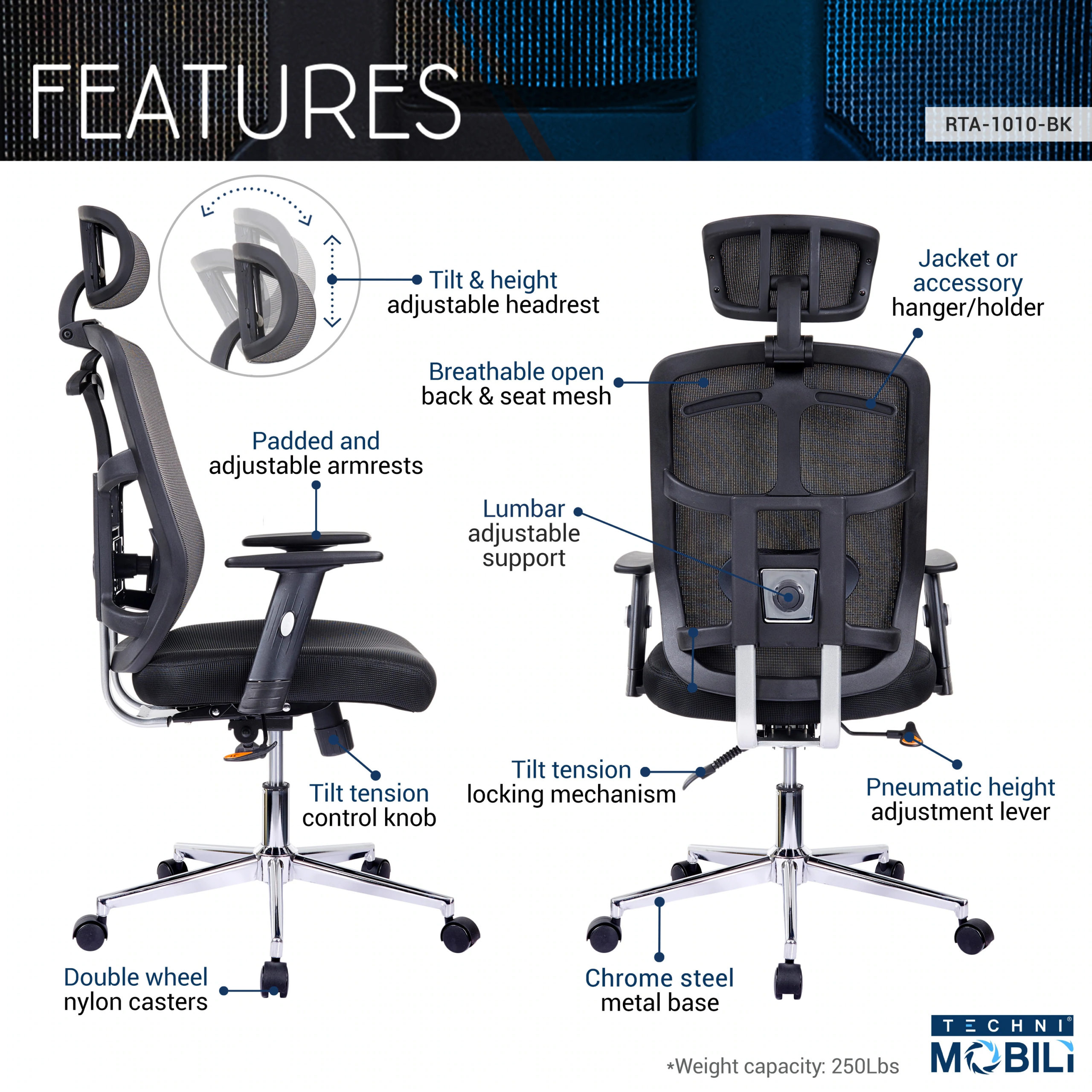 Executive Mesh office Chair-with Arms -RTA 1010-BK - Image 3