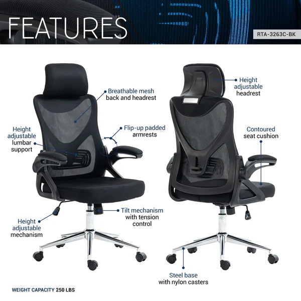 Techni Mobil - Modern High Back Mesh Ergonomic Chair - Black - CH-3263C-BK - Image 6