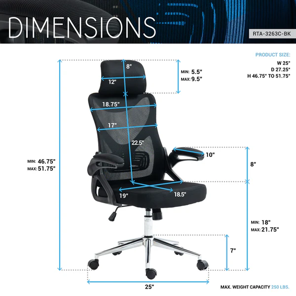 Techni Mobil - Modern High Back Mesh Ergonomic Chair - Black - CH-3263C-BK - Image 7