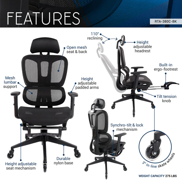 Techni Mobili - Ultimate Reclining Ergonomic Mesh Office Chair with Lumbar Support and Footrest- Black - Image 6