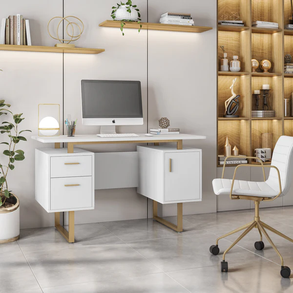 Techni Mobili - Modern Office Desk with Storage White / Gold - Image 3