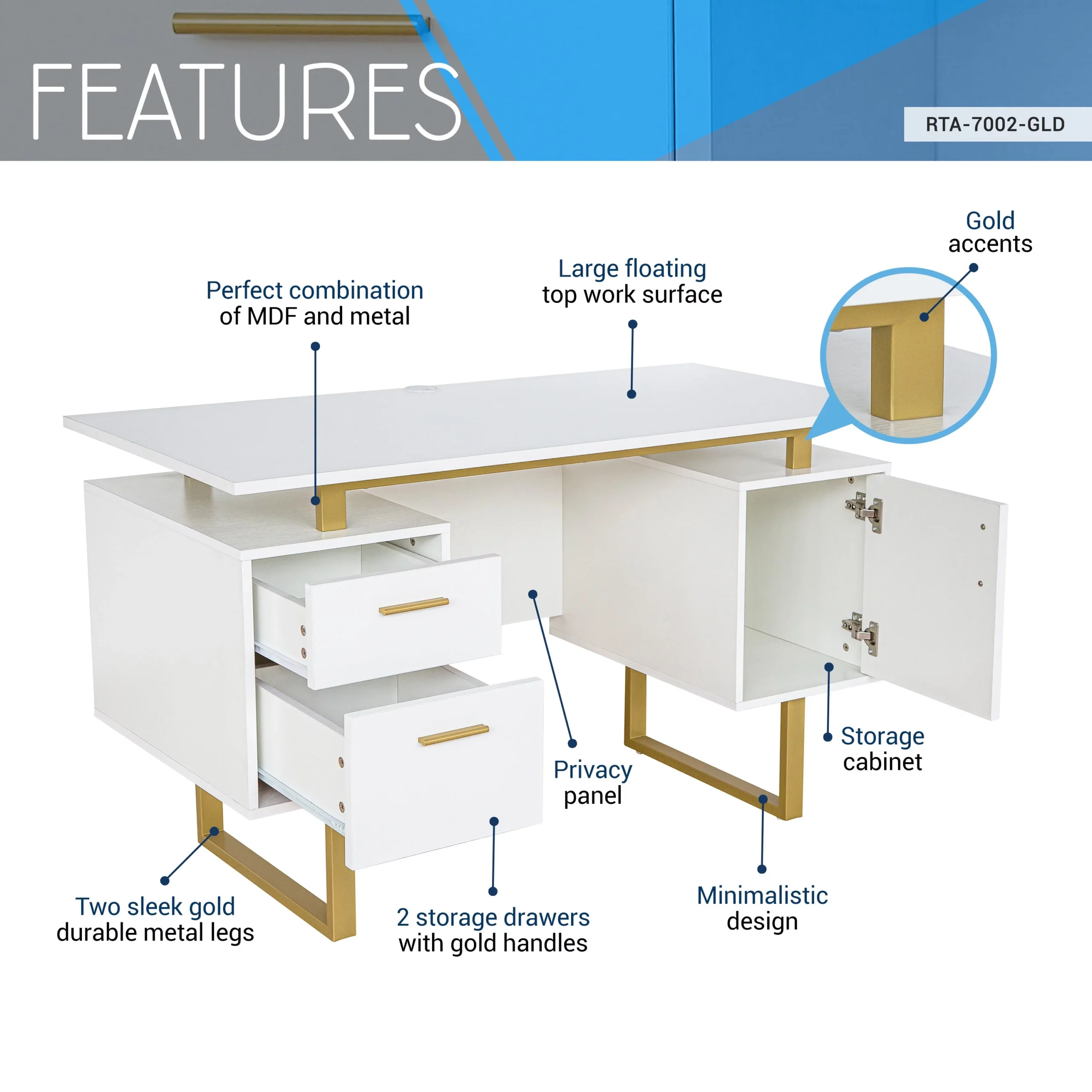 Techni Mobili - Modern Office Desk with Storage White / Gold - Image 2