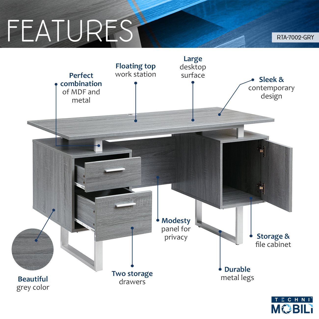 Techni Mobili Modern Office Desk with Storage - Image 7
