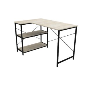 Single-level L-shaped computer desk with shelves